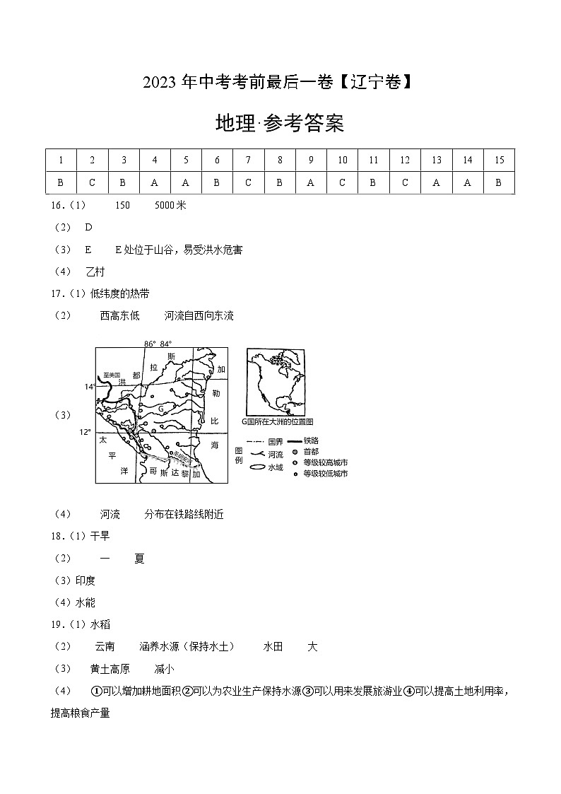 地理（辽宁卷）2023年中考考前最后一卷（参考答案）01