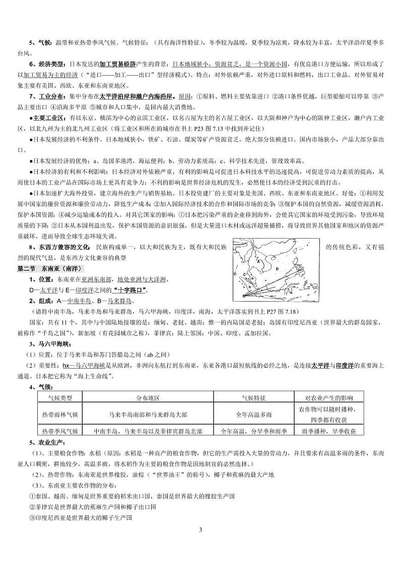 人教版初中地理七年级下册复习提纲知识点总结笔记第3页