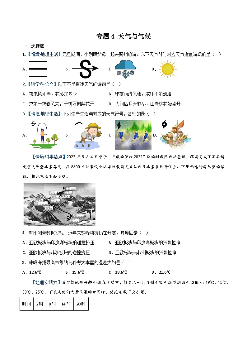 专题4 天气与气候（原卷版）第1页