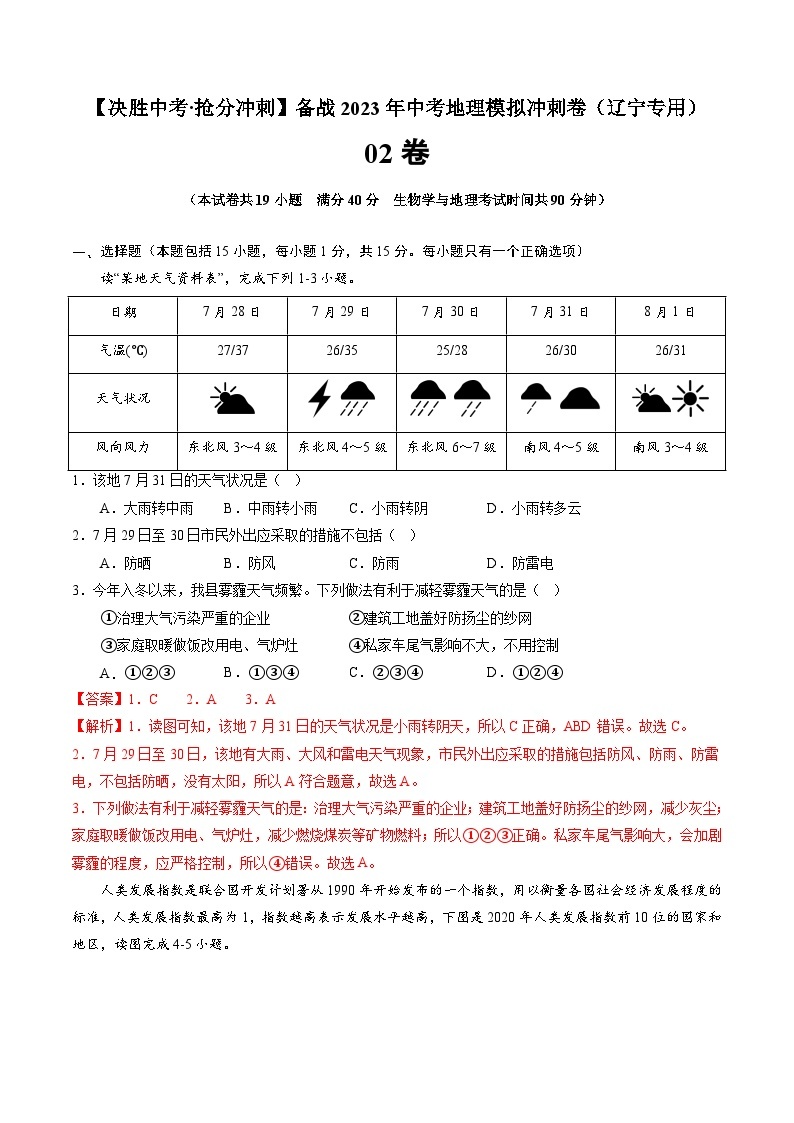 02卷——备战2023年会考初中地理冲刺卷（辽宁专用）01