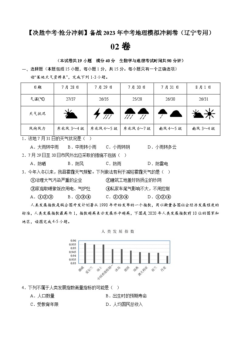 02卷——备战2023年会考地理冲刺卷（辽宁专用）（原卷版）第1页