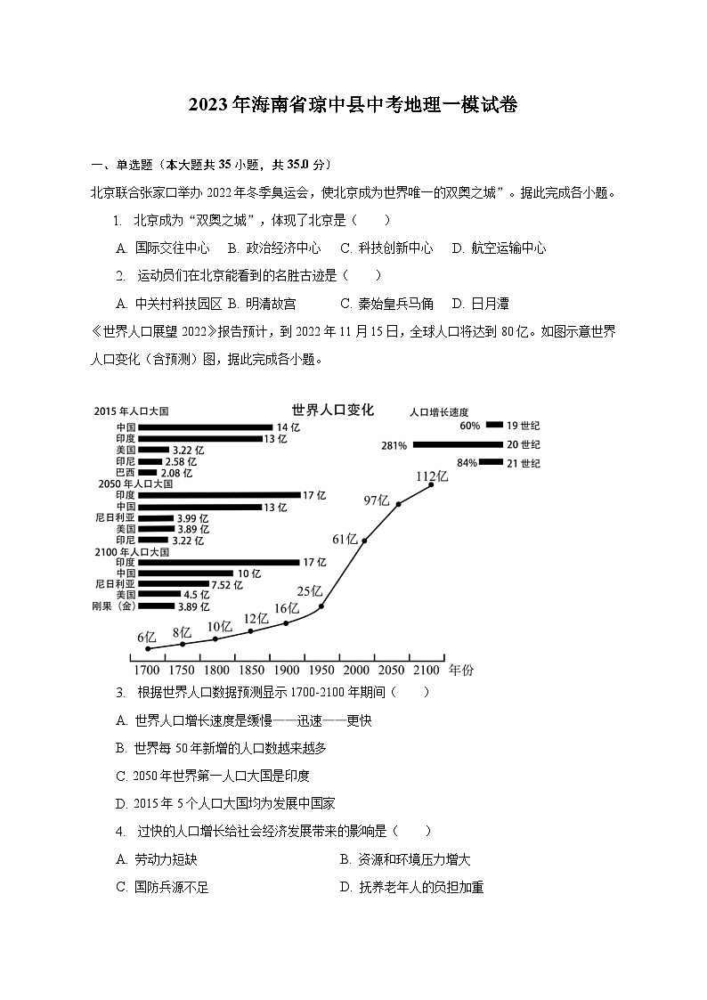 2023年海南省琼中县中考地理一模试卷（含解析）第1页