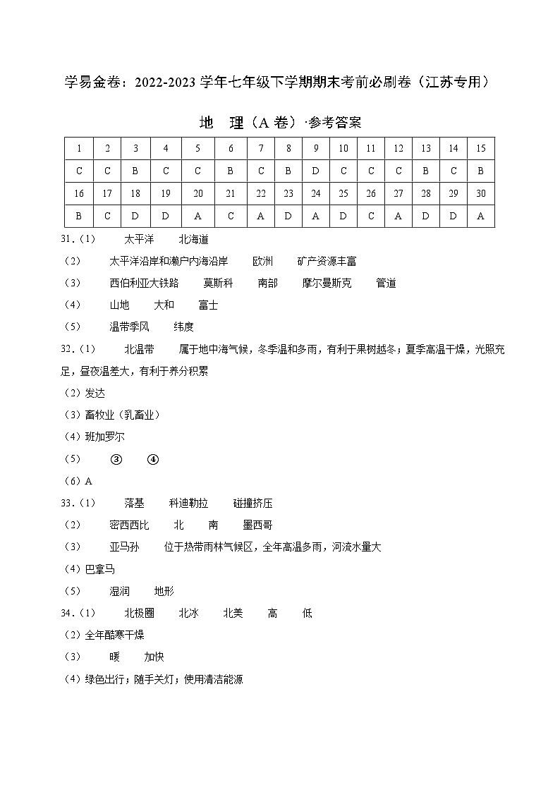 2022-2023学年七年级地理下学期期末模拟卷（江苏专用）（参考答案）第1页