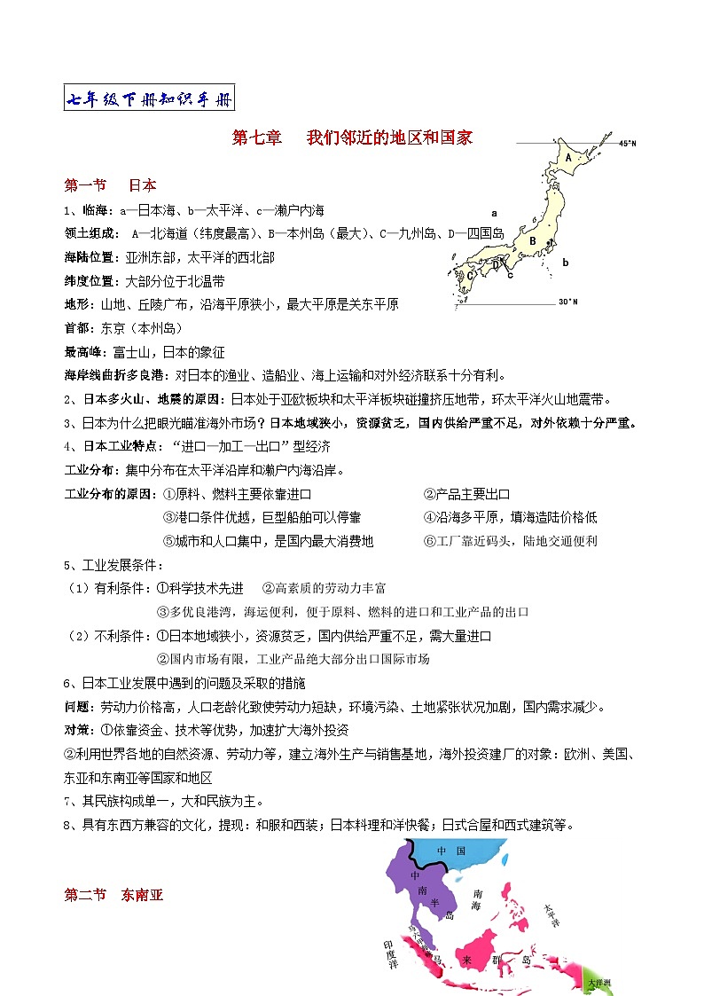 【期末复习】人教版地理七年级下册单元知识梳理：第七章   我们邻近的地区和国家01