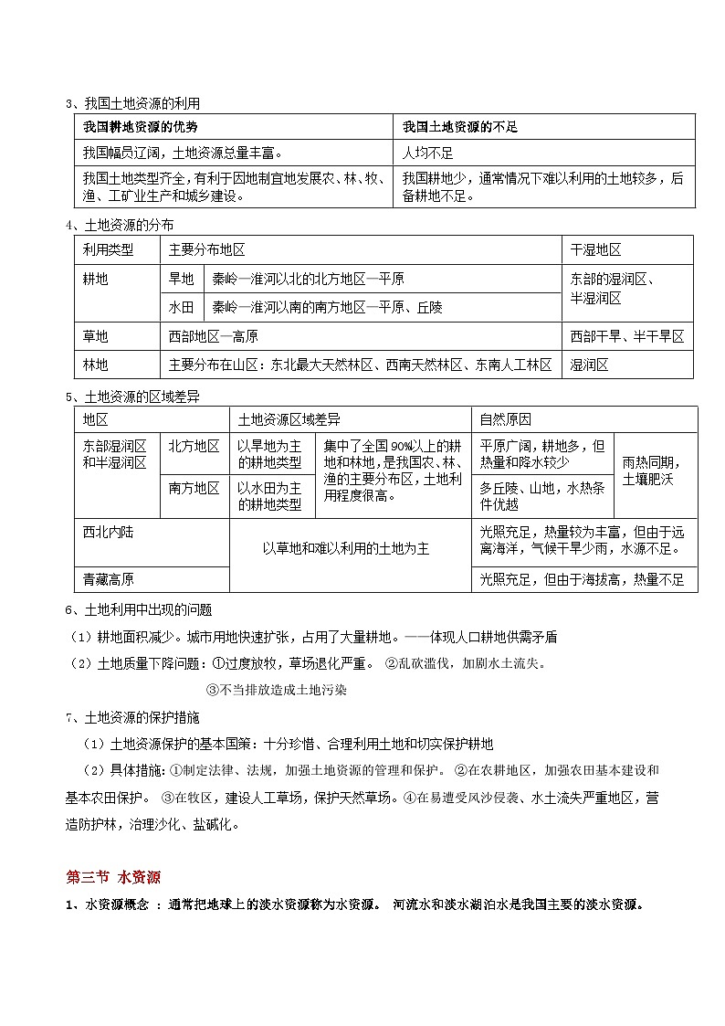 【期末复习】人教版地理八年级上册单元知识梳理：第三章  中国的自然资源02