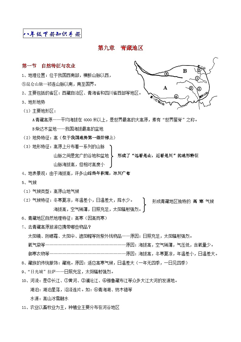 【期末复习】人教版地理八年级下册单元知识梳理：第九章　青藏地区01