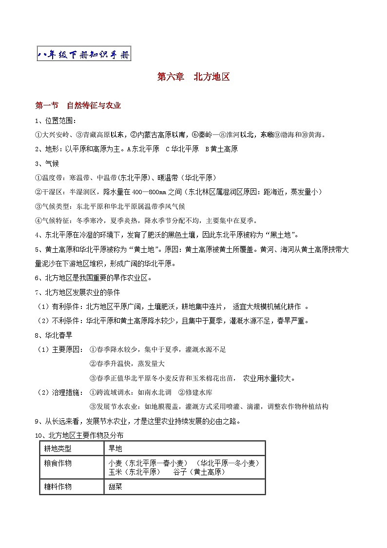 【期末复习】人教版地理八年级下册单元知识梳理：第六章　北方地区01