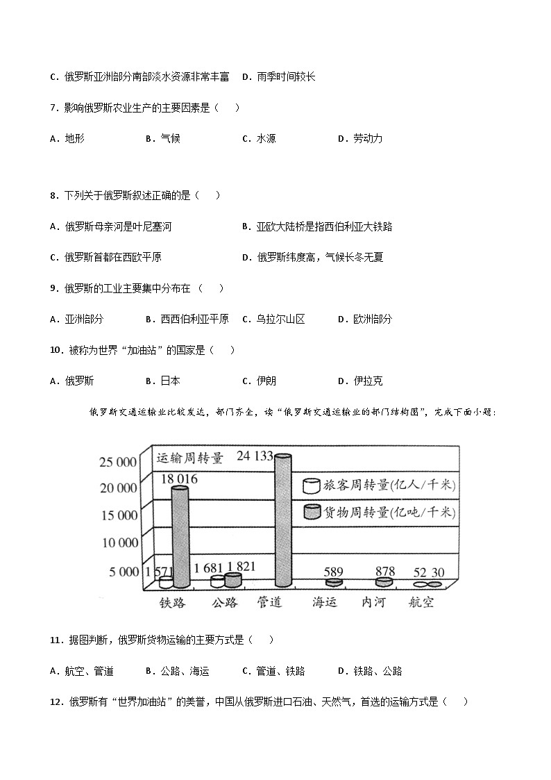 【期末专项复习】2020-2021学年湘教版七年级地理下学期期末-专题09 俄罗斯 （原卷版）第3页