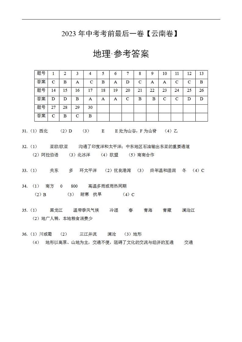 （云南卷）2023年中考考前最后一卷：地理(参考答案)01