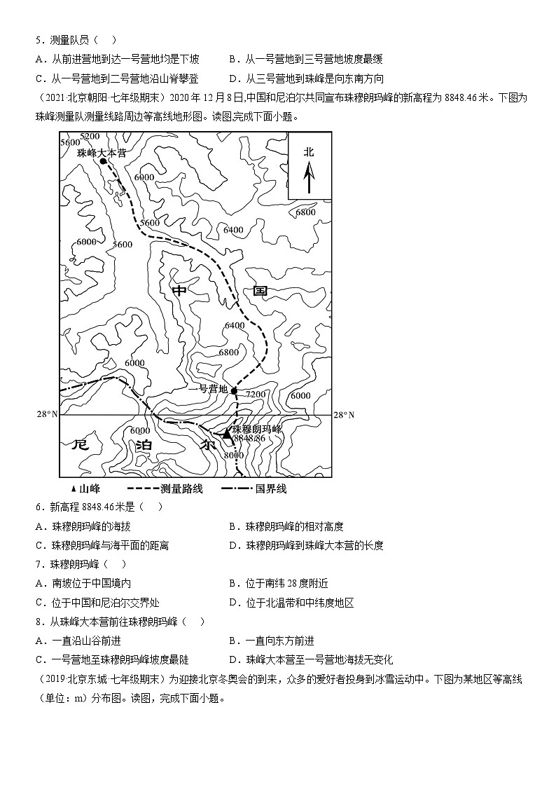 2019-2021北京重点区初一（上）期末地理汇编：地形图的判读 试卷02