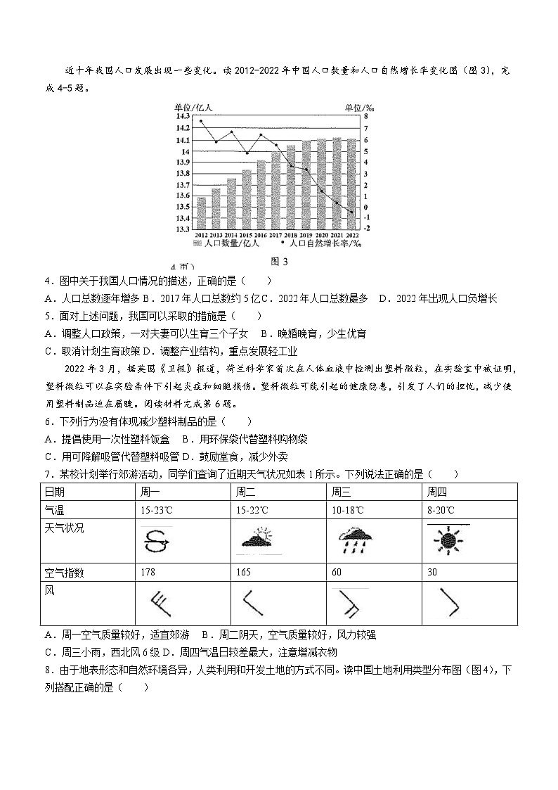 2023年四川省南充市中考地理真题(无答案)02