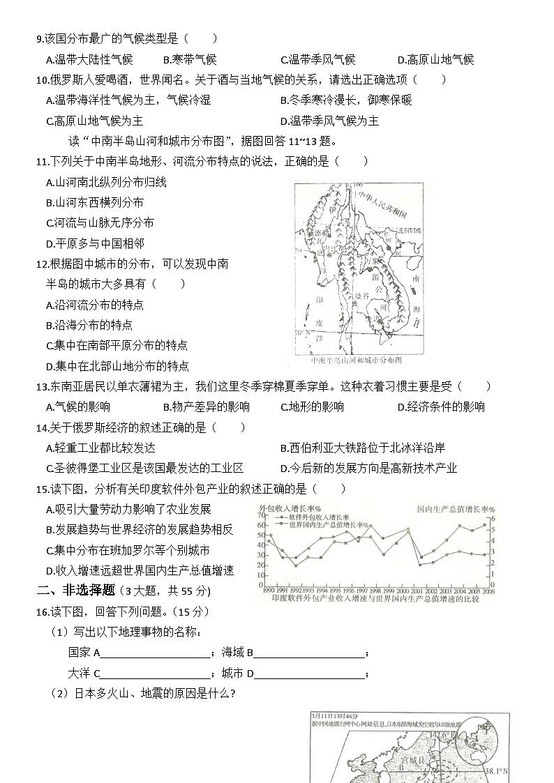 2020年暑假人教版地理七年级（下）每周一测试系列卷++第七章++我们邻近的地区和国家02