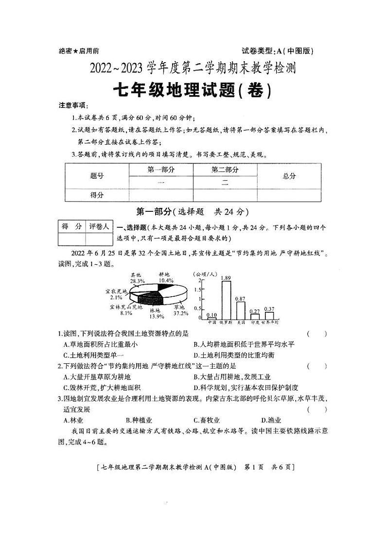 陕西省西安理工大学附属中学2022-2023学年七年级下学期期末考试地理试题01