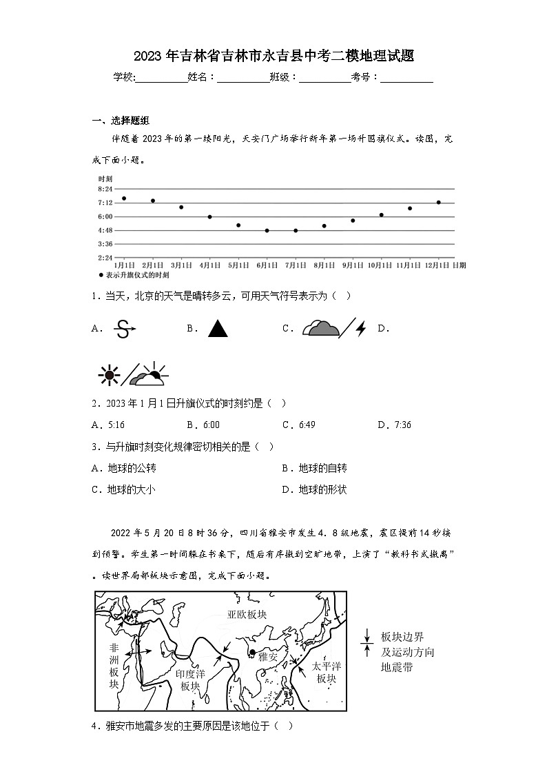2023年吉林省吉林市永吉县中考二模地理试题（含解析）01