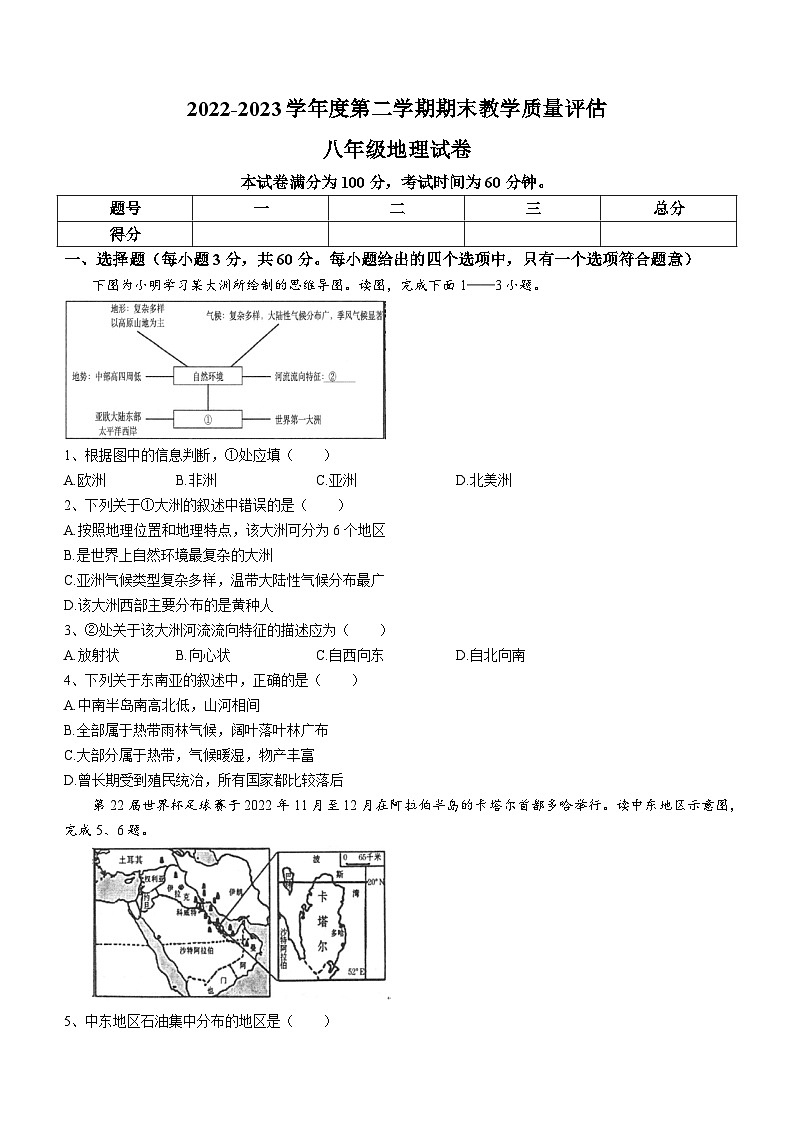 河北省沧州市盐山县2022-2023学年八年级下学期期末地理试题（含答案）01