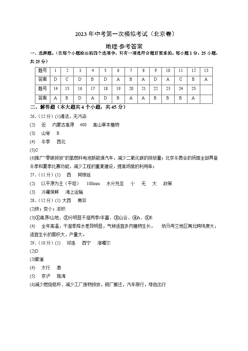 （北京卷）2023年中考地理第一次模拟考试（参考答案）第1页