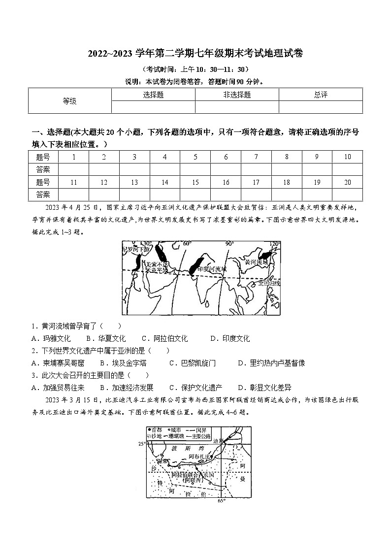 山西省太原市2022-2023学年七年级下学期期末地理试题（含答案）01