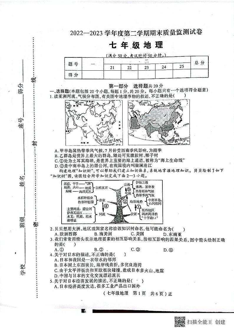 河南省驻马店市正阳县2022-2023学年七年级下学期期末地理试卷01