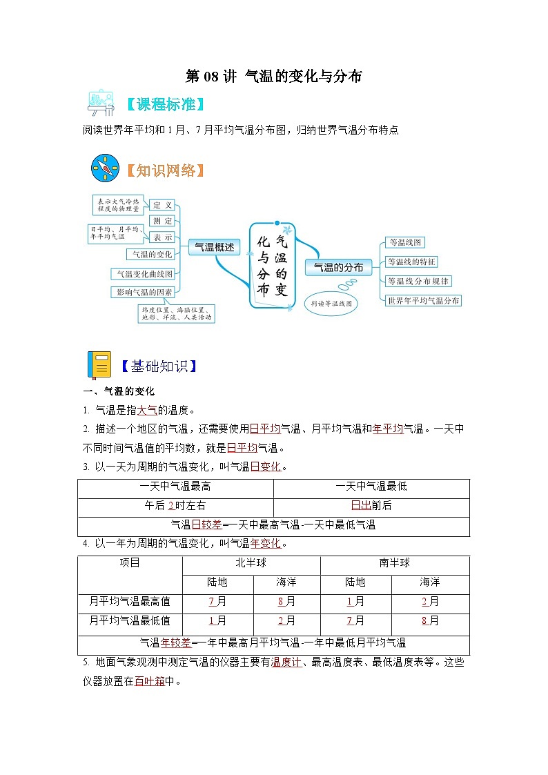 【暑假初中预备】人教版地理新七年级（六升七）暑假预习-第08讲 气温的变化与分布  讲学案01