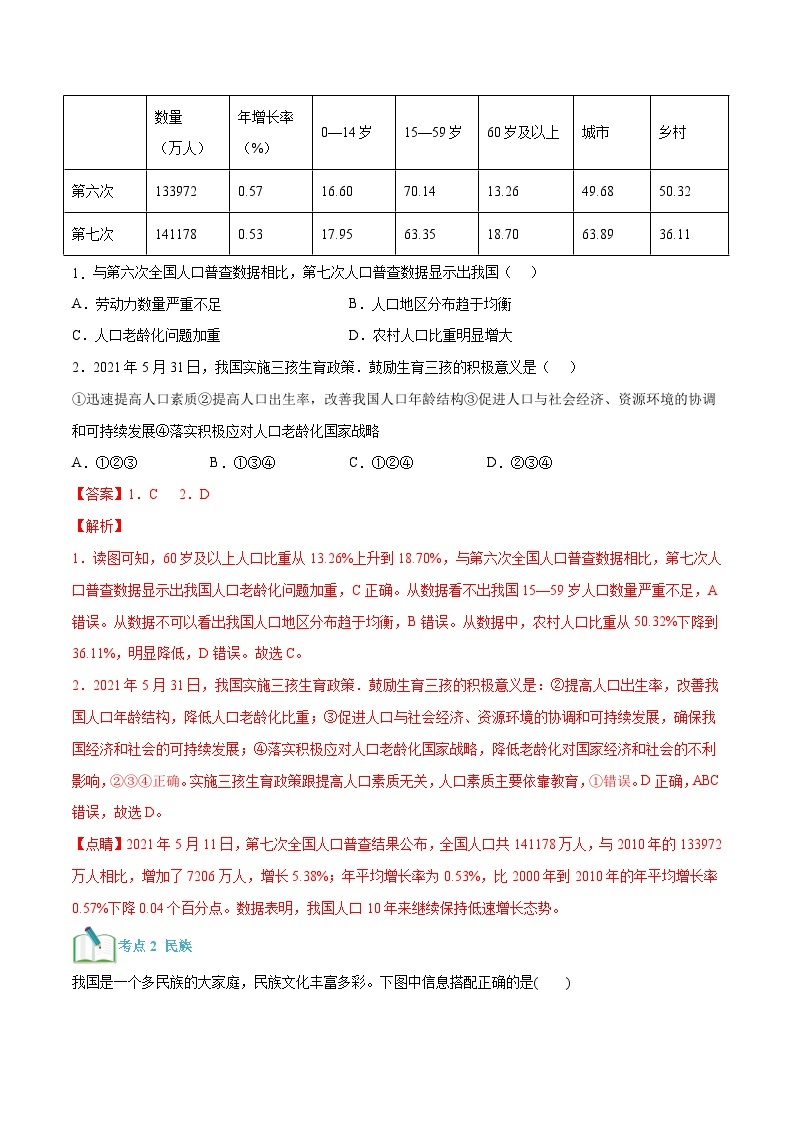 【暑假提升】人教版地理七年级（七升八）暑假预习-第07讲 人口与民族 讲学案03