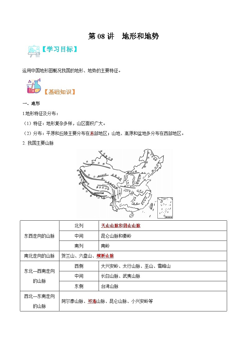 【暑假提升】人教版地理七年级（七升八）暑假预习-第08讲 地形和地势 讲学案01
