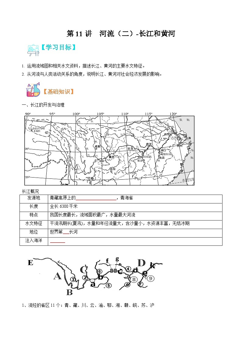 【暑假提升】人教版地理七年级（七升八）暑假预习-第11讲 河流（二） 长江和黄河 讲学案 （原卷版）第1页