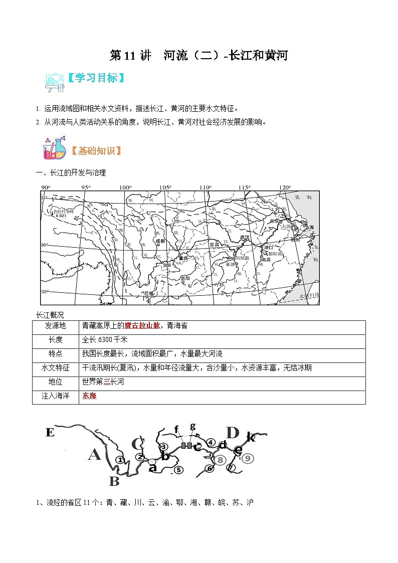 【暑假提升】人教版地理七年级（七升八）暑假预习-第11讲 河流（二） 长江和黄河 讲学案 （解析版）第1页