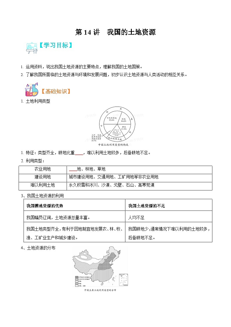 【暑假提升】人教版地理七年级（七升八）暑假预习-第14讲 中国的土地资源 讲学案01