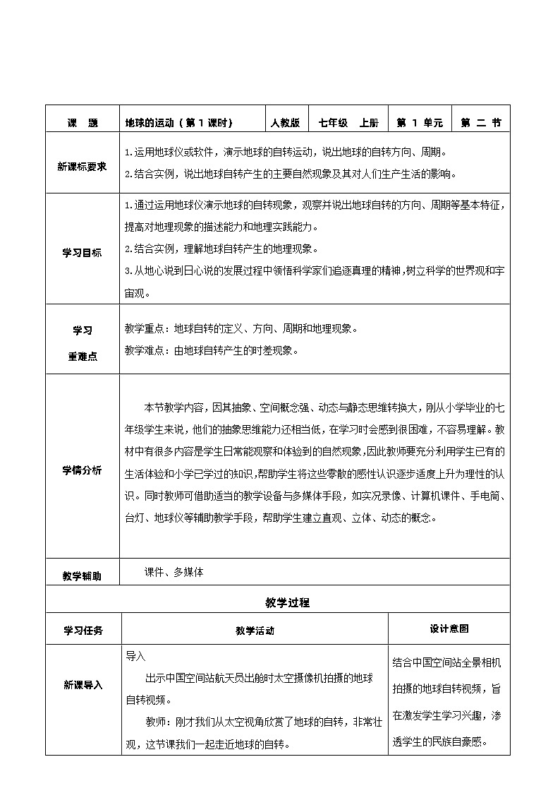 人教版地理七年级上册 1.2.地球的运动（第1课时）（教学课件+导学案+教案+同步练习）01