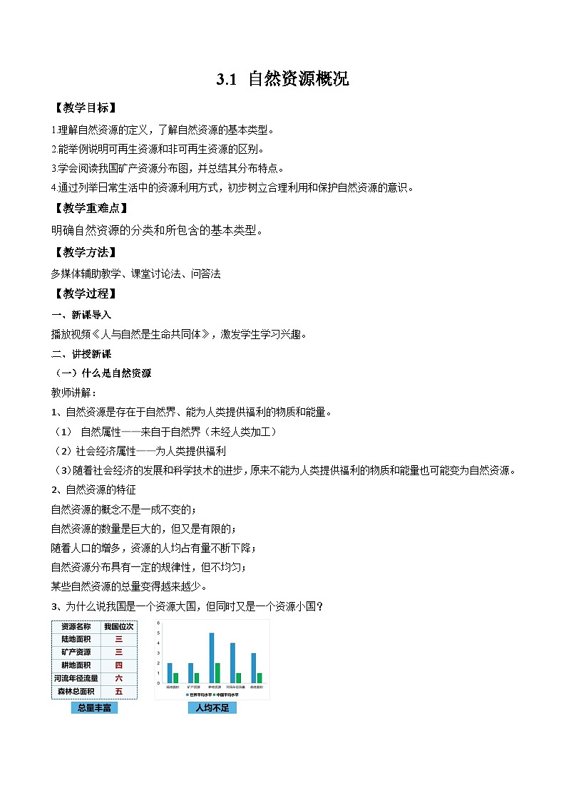 湘教版八年级上册地理3.1《自然资源概况》课件+教案01