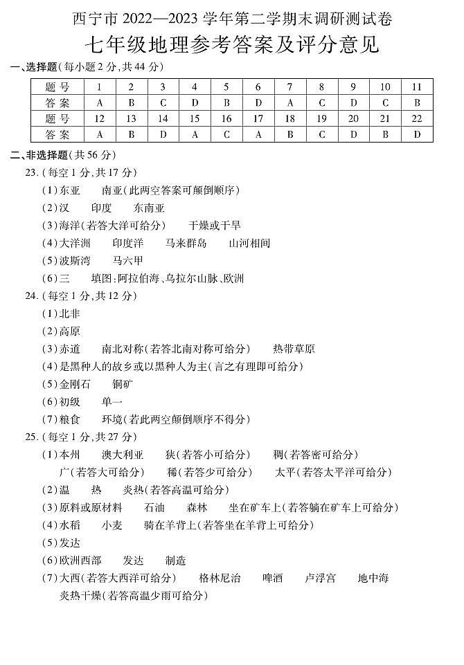 七年级地理答案第1页