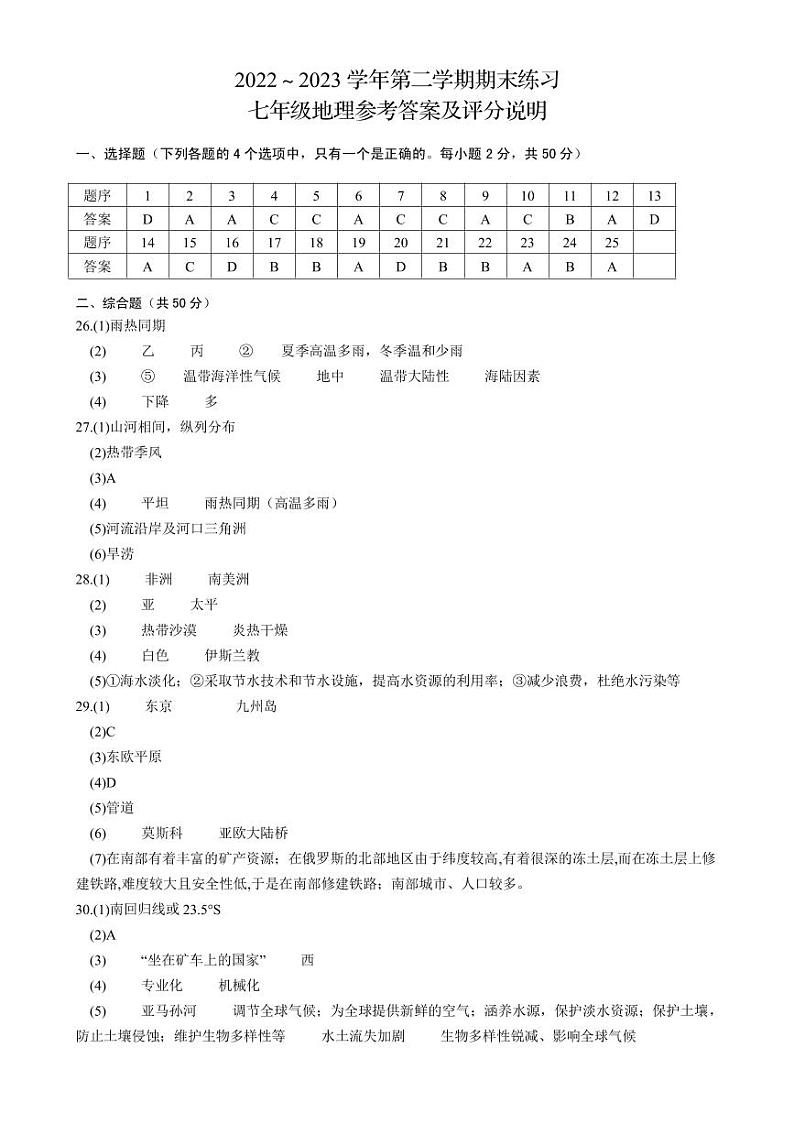 福建省龙岩市漳平市2022-2023学年七年级下学期期末练习地理试题（含答案）01