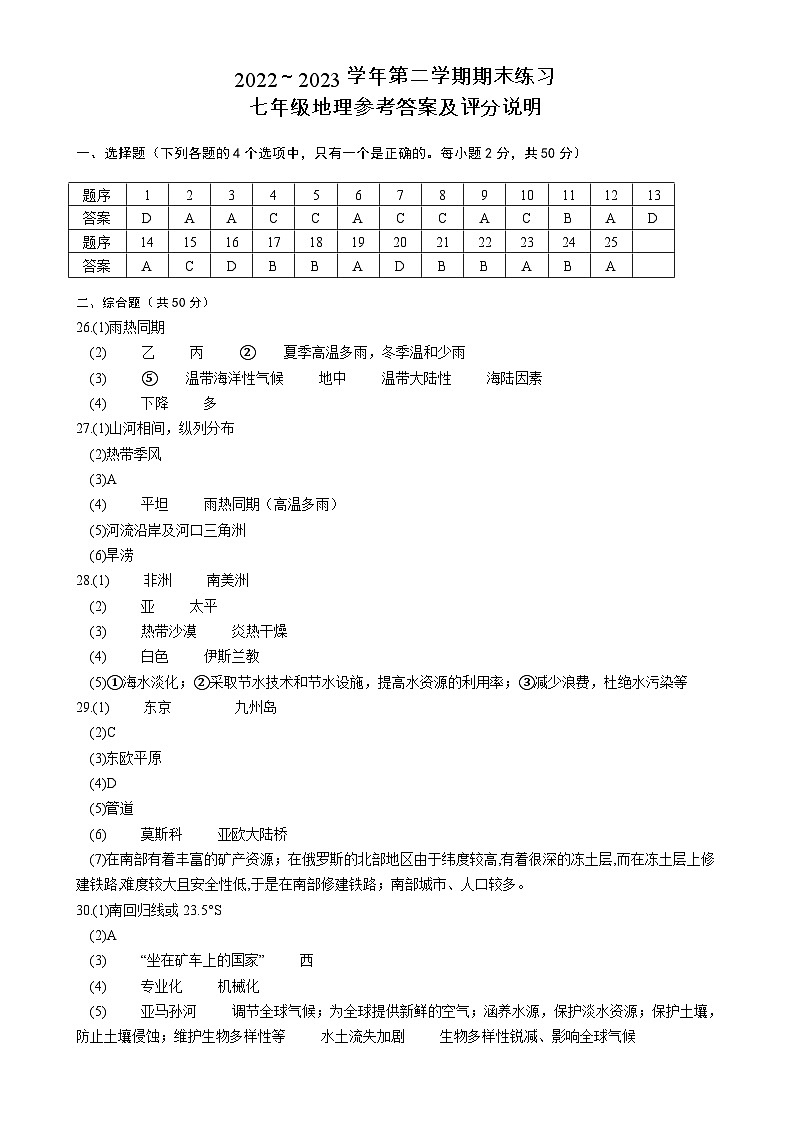 福建省龙岩市漳平市2022-2023学年七年级下学期期末练习地理试题（含答案）01