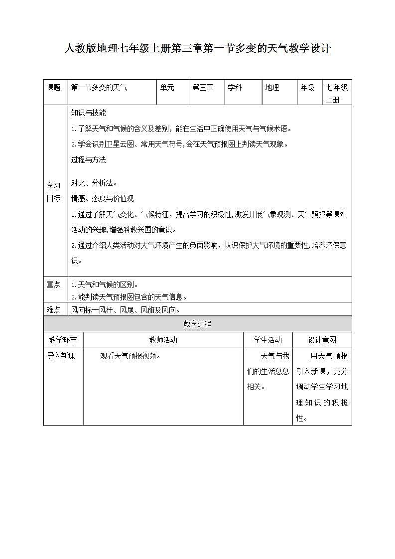 人教版地理七年级上册 第三章第一节多变的天气 教案01