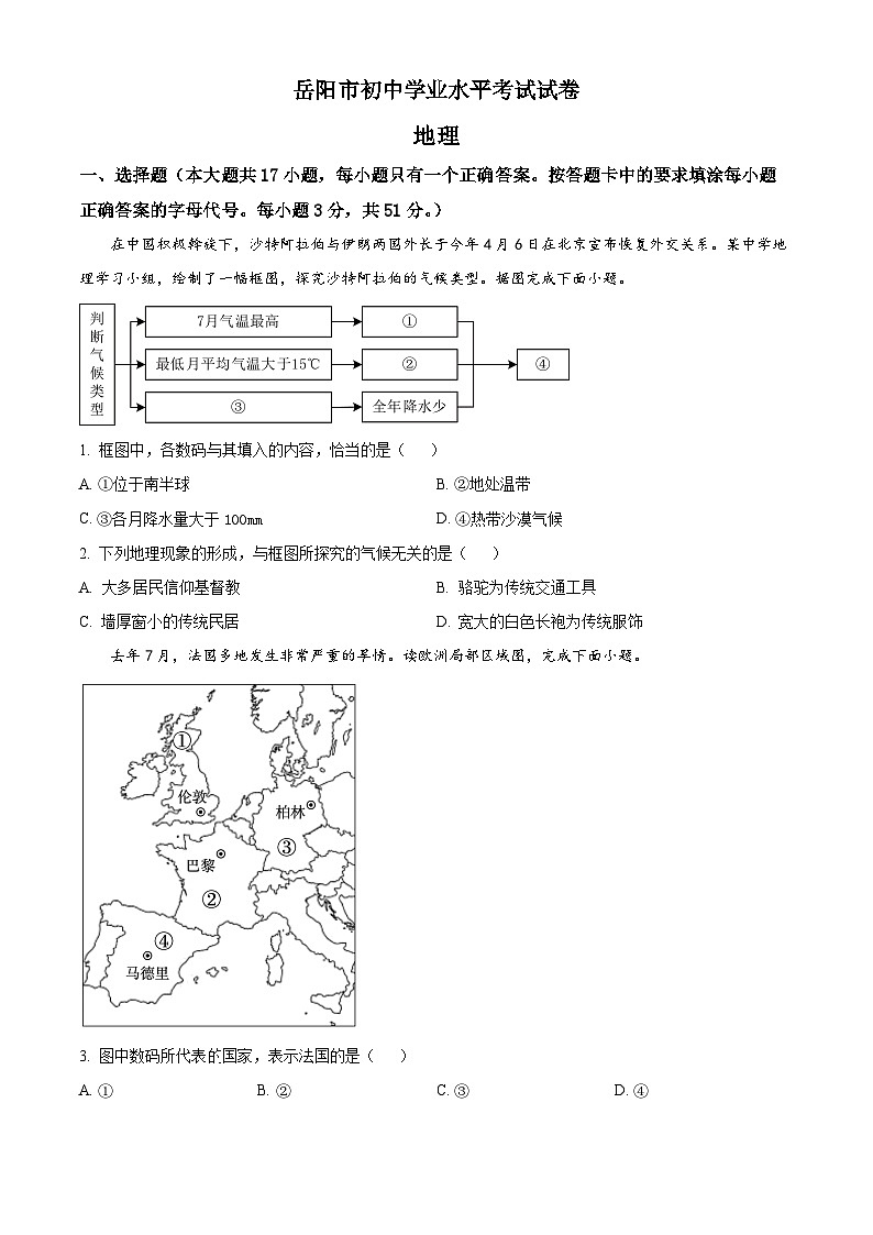 2023年湖南省岳阳市中考地理真题01