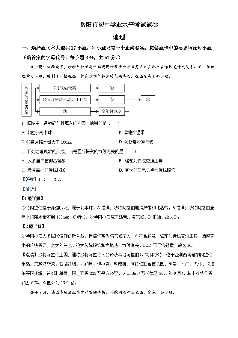 2023年湖南省岳阳市中考地理真题01