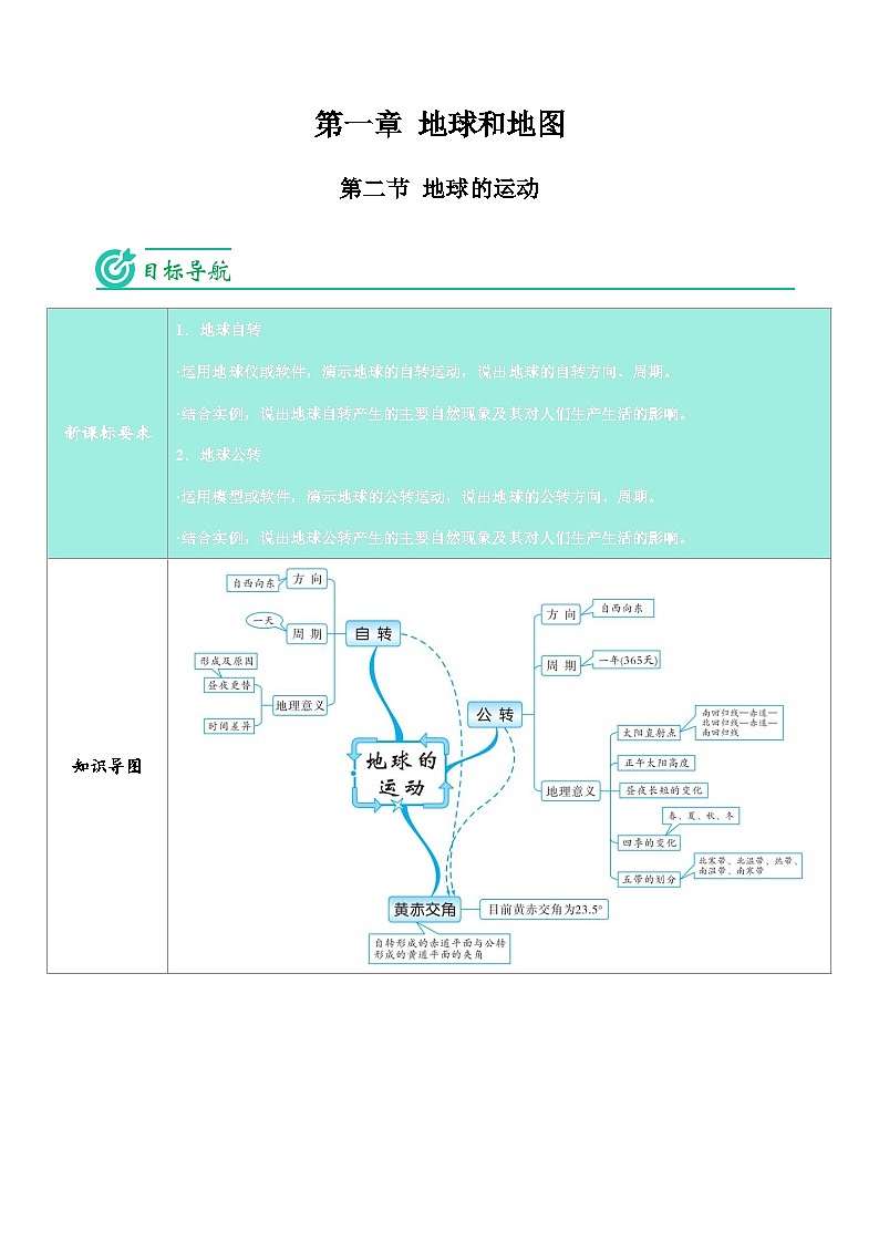 【同步讲义】人教版地理七年级上册-7.1.2《地球的运动》讲义（教师版）第1页