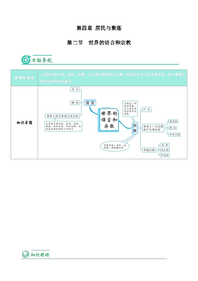 【同步讲义】人教版地理七年级上册-7.4.2《世界的语言和宗教》讲义（学生版）第1页