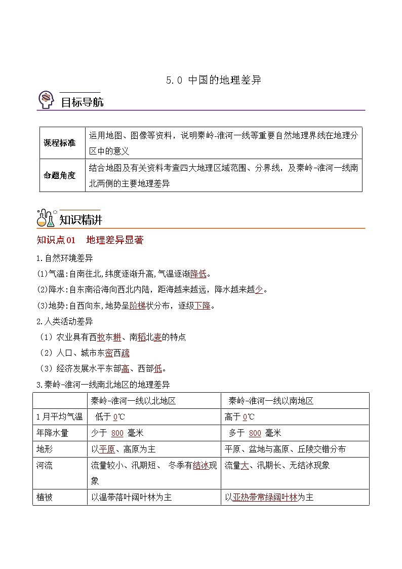 【同步讲义】人教版地理八年级下册-5.0中国的地理差异 讲义01