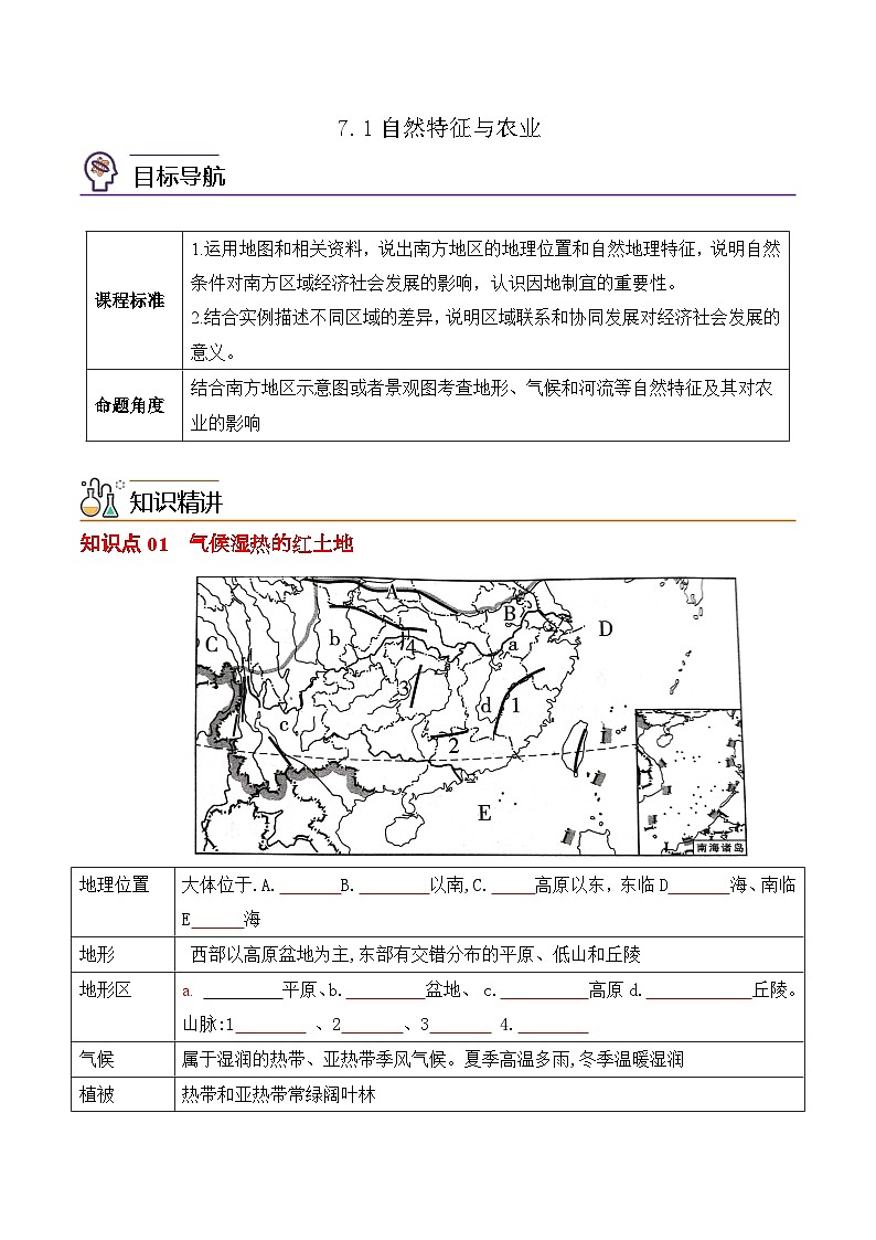【同步讲义】人教版地理八年级下册-7.1自然特征与农业 讲义01