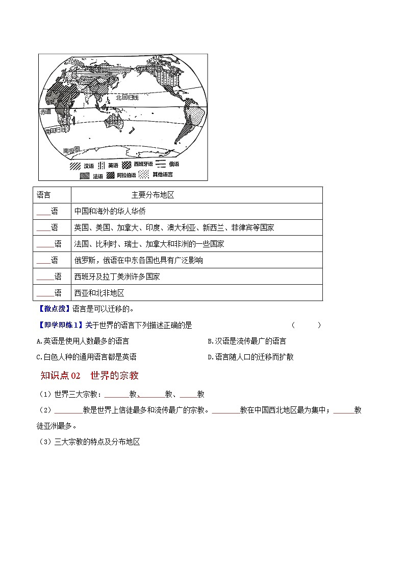 【同步讲义】湘教版地理七年级上册--3.3《世界的语言与宗教》讲义【学生版】第2页