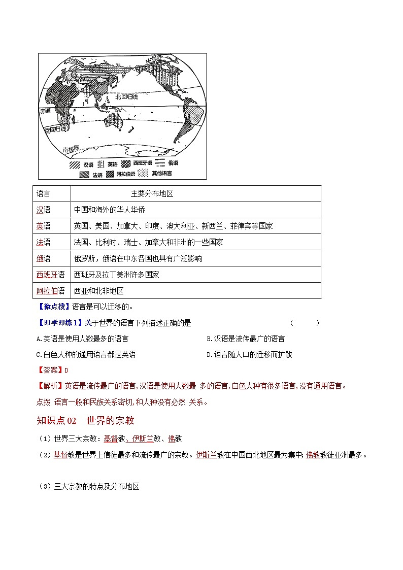 【同步讲义】湘教版地理七年级上册--3.3《世界的语言与宗教》讲义【教师版】第2页