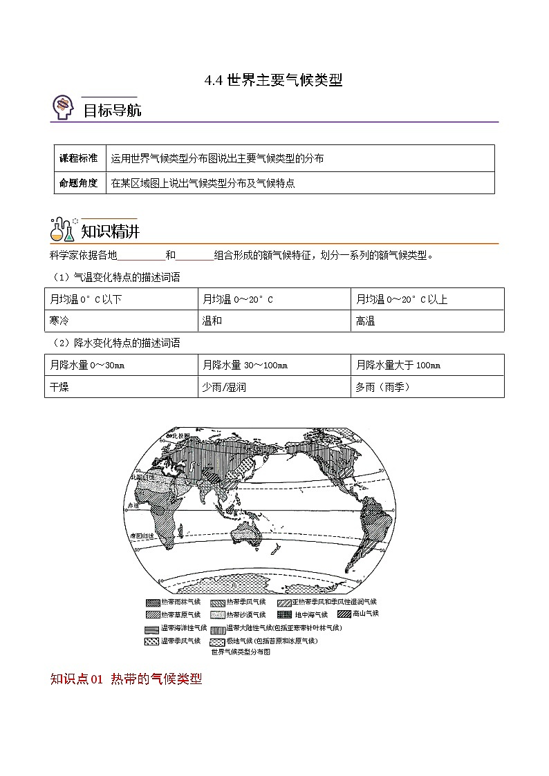 【同步讲义】湘教版地理七年级上册--4.4《世界主要气候类型》讲义01