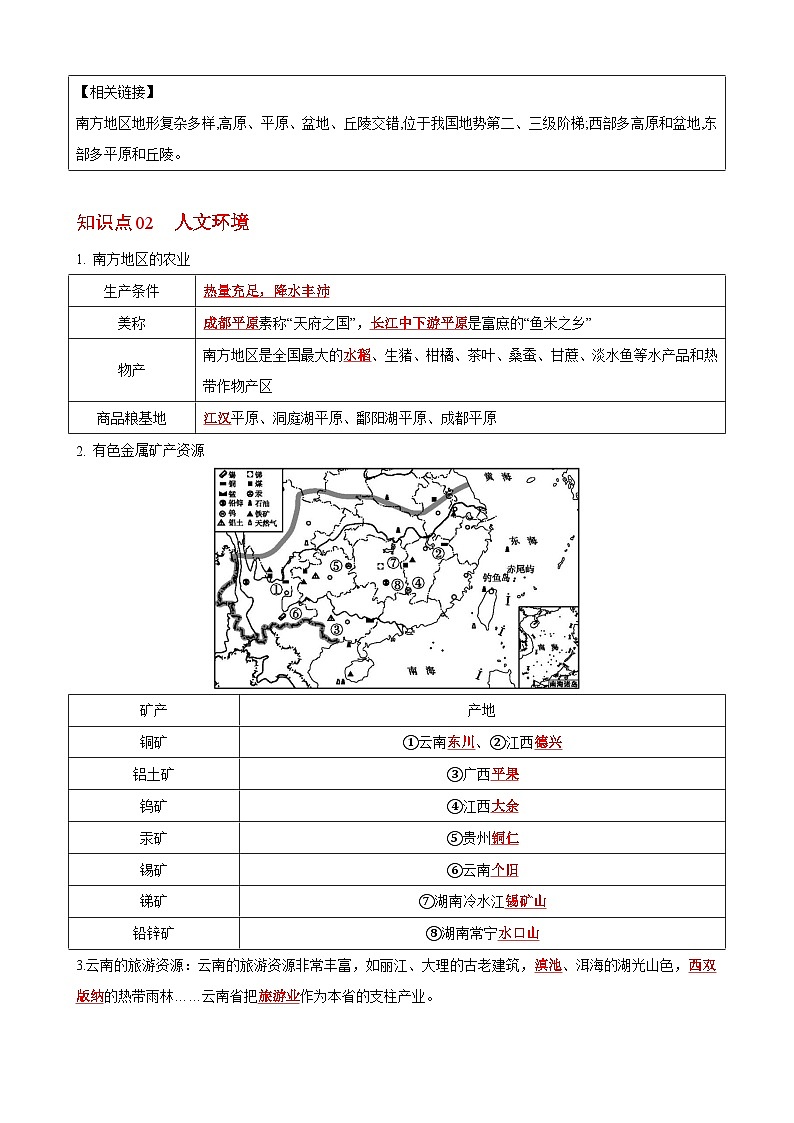 【同步讲义】湘教版地理八年级下册--5.2 北方地区和南方地区（课时2 南方地区） 讲义02