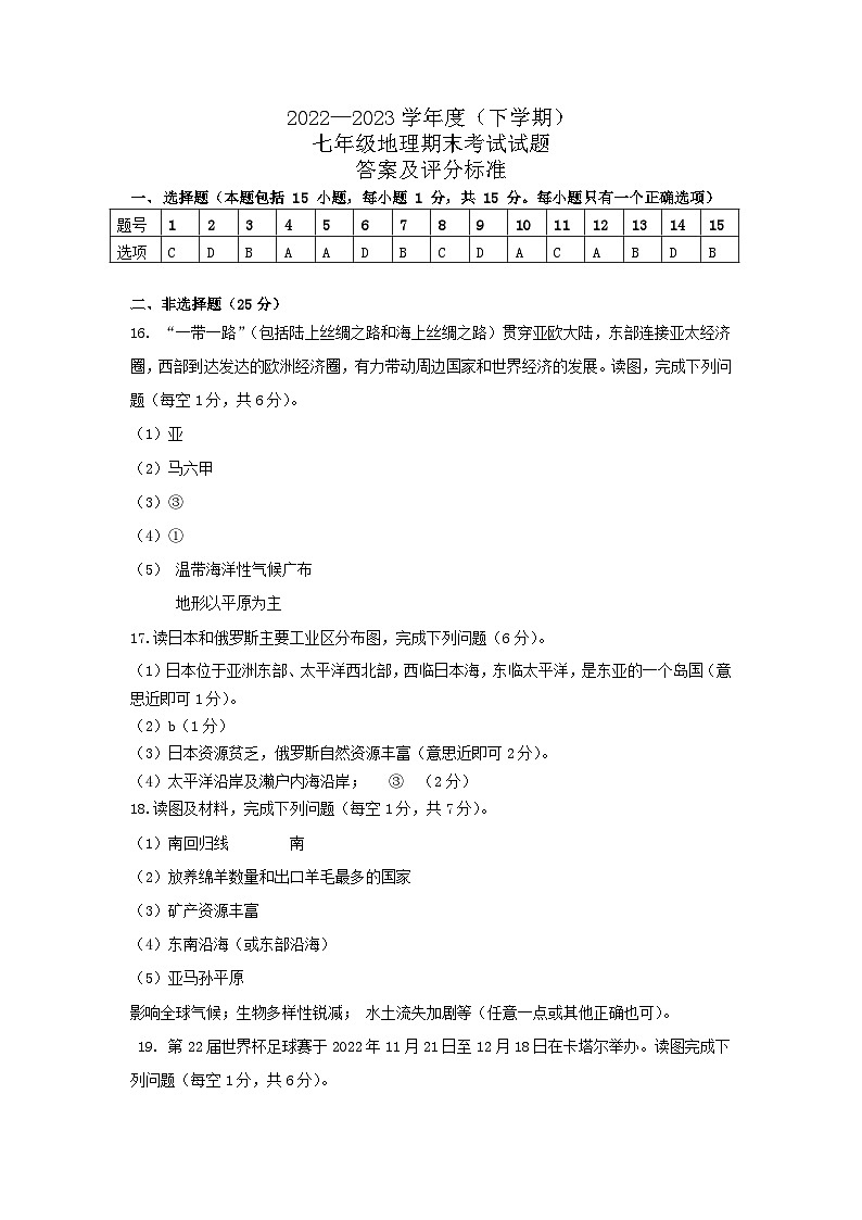 辽宁省北票市2022-2023学年七年级下学期期末考试地理试题（含答案）01