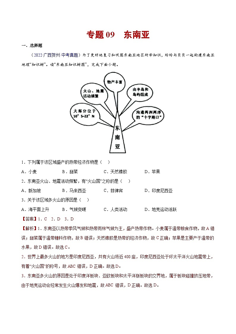三年(2020-2022)中考地理真题分项汇编：09 东南亚（含解析）01