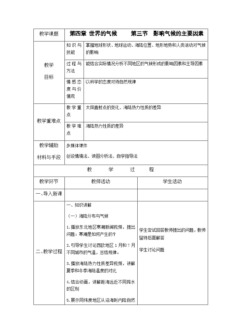 4.3.2 影响气候的主要因素教案01