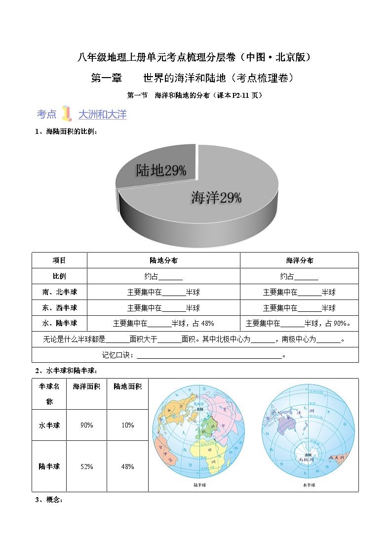 第一章  世界的海洋和陆地（考点梳理卷）  八年级地理上册单元考点梳理分层卷（中图·北京版）（原卷版）第1页