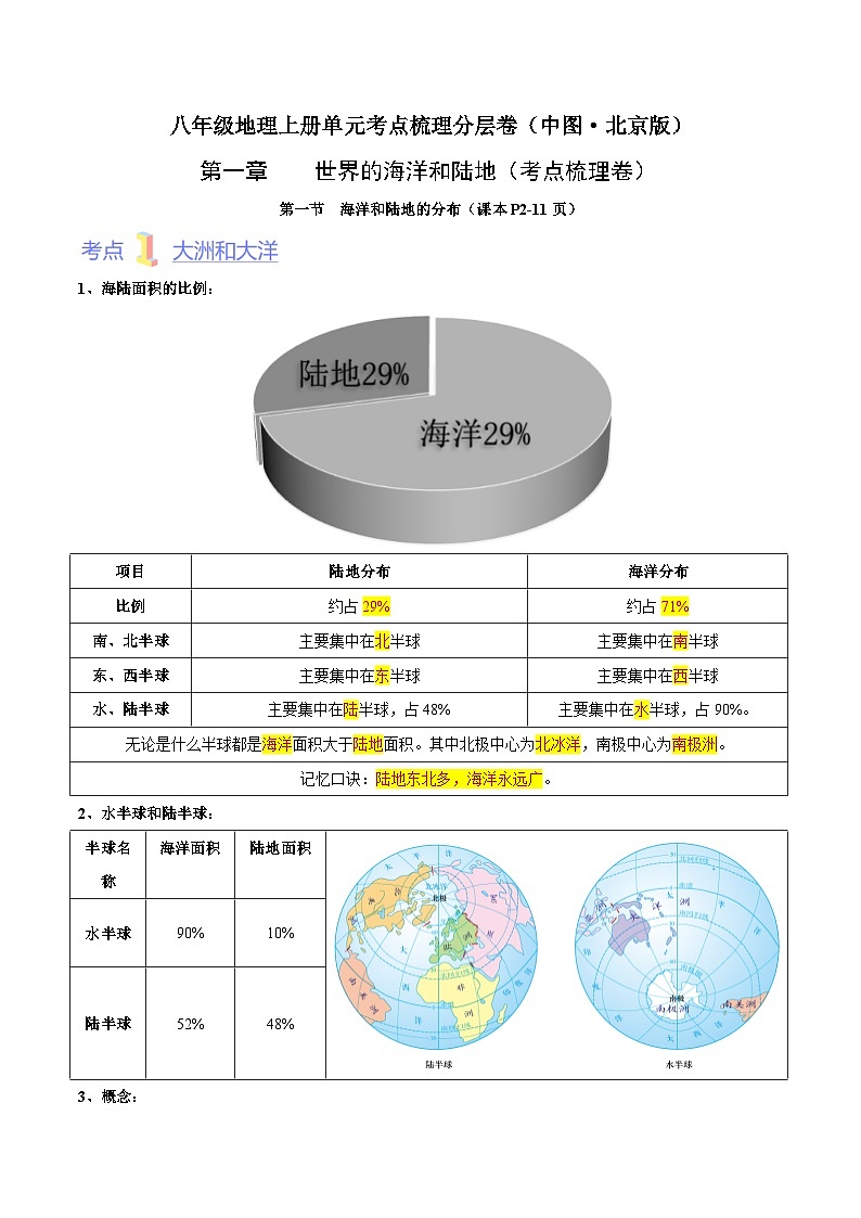 第一章  世界的海洋和陆地（考点梳理卷）  八年级地理上册单元考点梳理分层卷（中图·北京版）（解析版）第1页