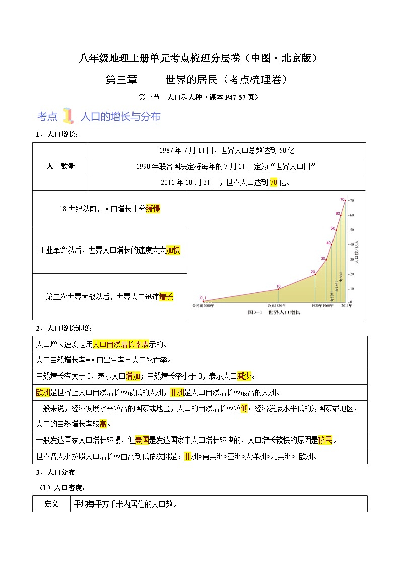 第三章  世界的居民（考点梳理卷）-八年级地理上册单元考点梳理分层卷（中图·北京版）01